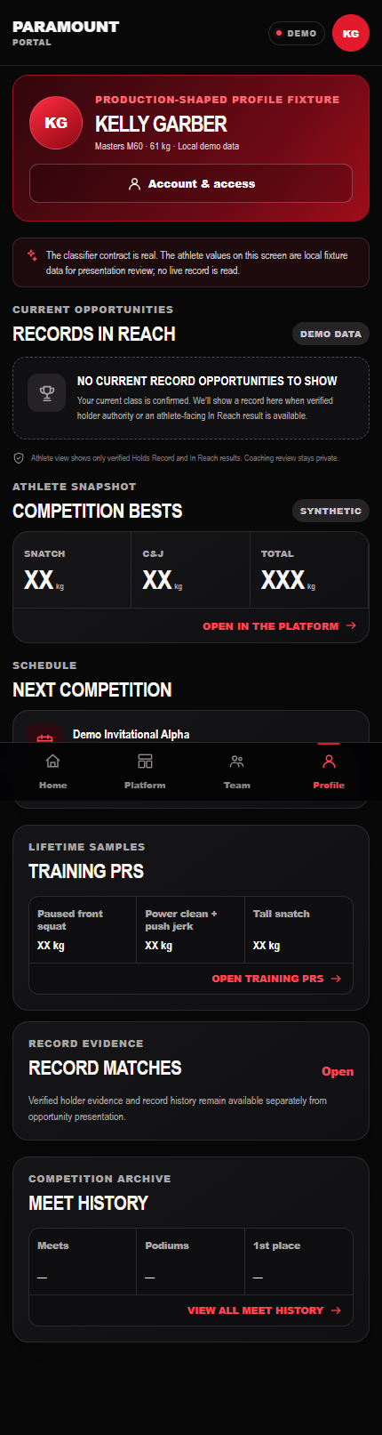Athlete profile showing no current record opportunity