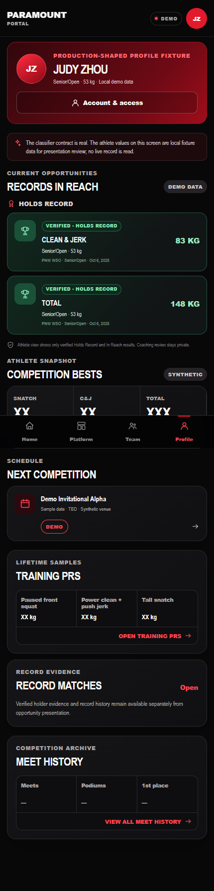 Athlete profile showing verified record-holder evidence