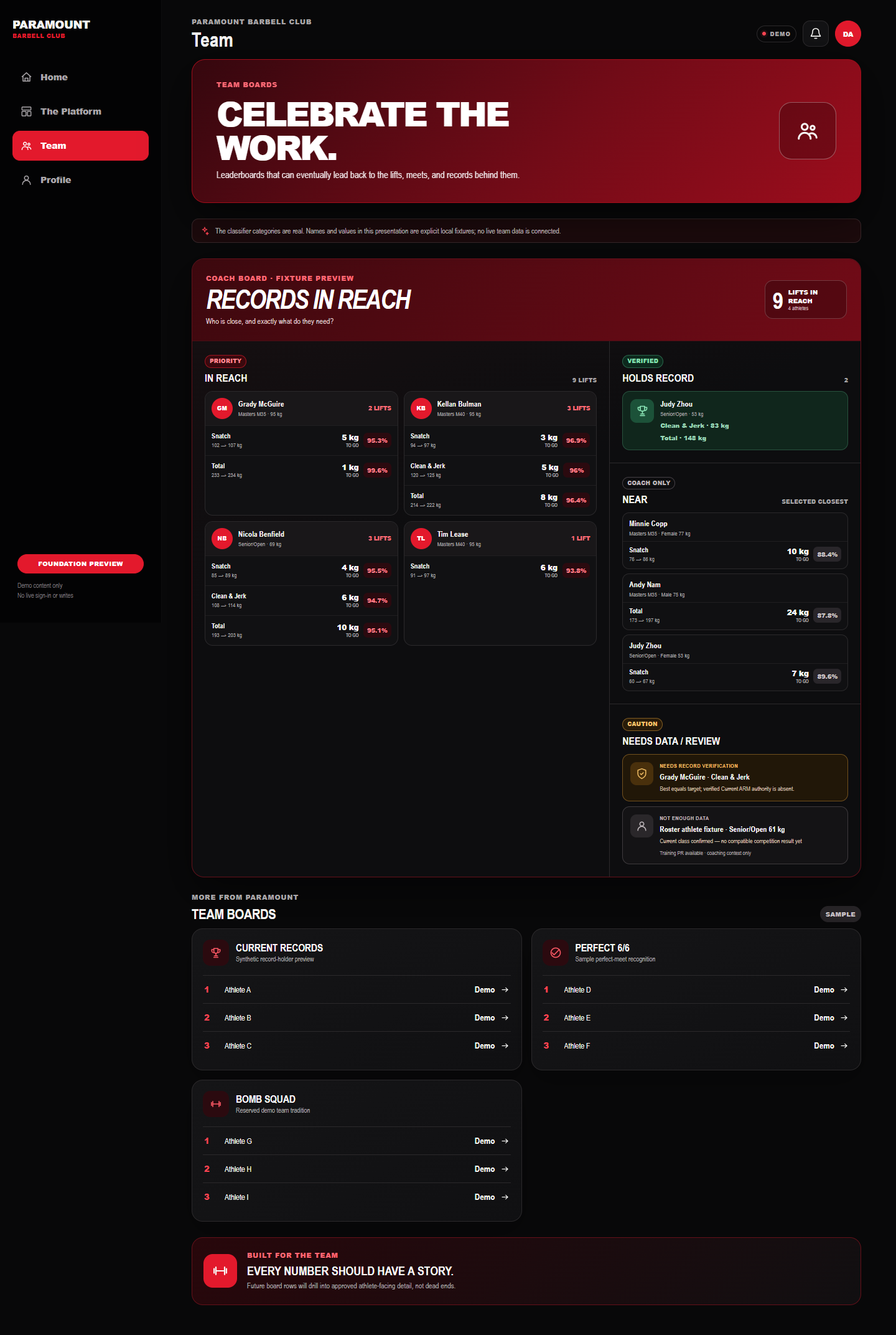 Desktop Records In Reach coach board with In Reach, verified Holds Record, selected Near, and review states